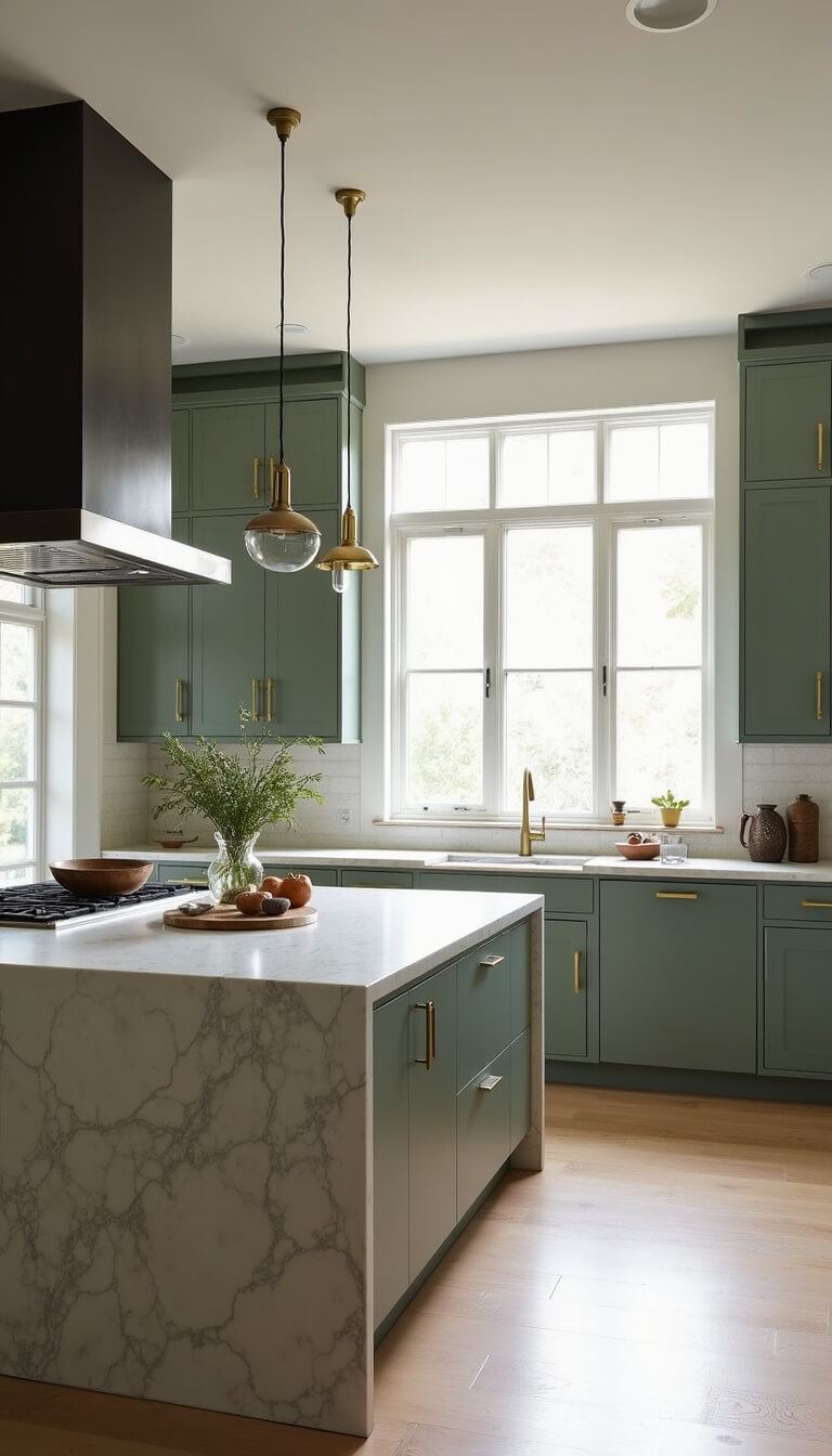 Contemporary kitchen with sage green cabinets, white oak floors, quartzite waterfall island, and brass pendant lights, lit by morning sun through floor-to-ceiling windows.