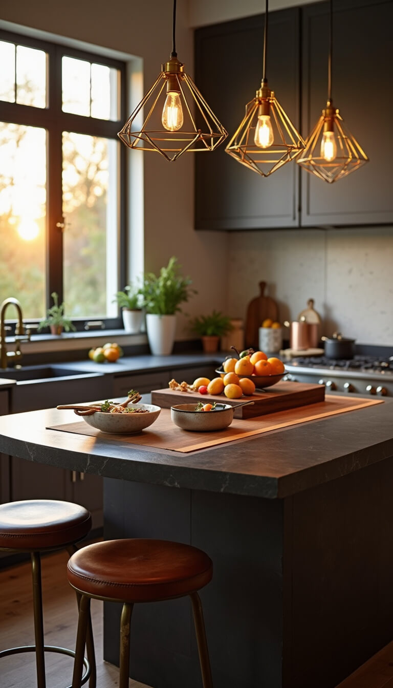 Golden hour kitchen island with dark soapstone countertop, walnut cutting board, brass inlays, pendant lighting, barstools, and styled with citrus, copper cookware, and cooking items.