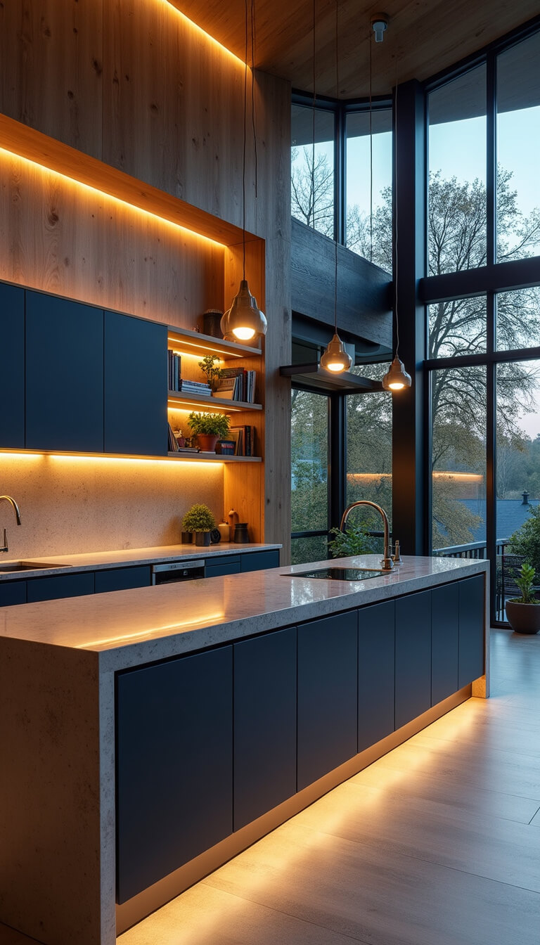 Open concept kitchen-living space at dusk with navy and oak cabinetry, large quartzite island, LED cove lighting, steel windows, and modern decor elements.