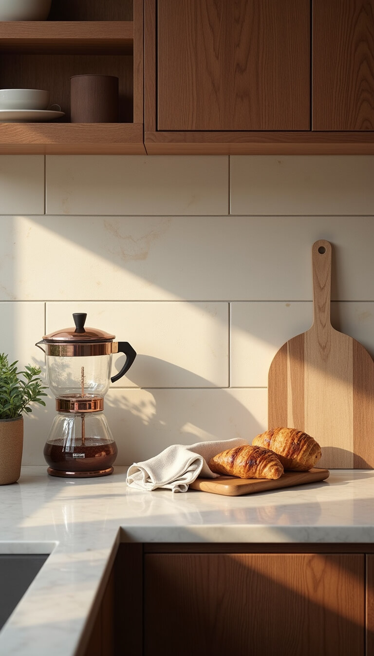 Coffee station in a sunlit kitchen with custom walnut cabinetry, matte cream ceramic tile backsplash, copper and glass coffee equipment, and marble countertop styled with linens, wooden accessories, and fresh pastries.
