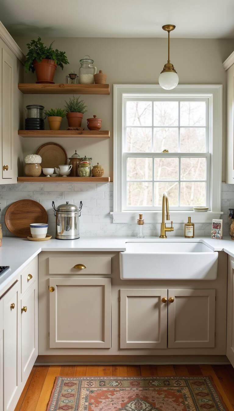 Budget-friendly kitchen makeover with warm greige cabinets, brass hardware, peel-and-stick marble-look backsplash, and styled open shelving in afternoon light.