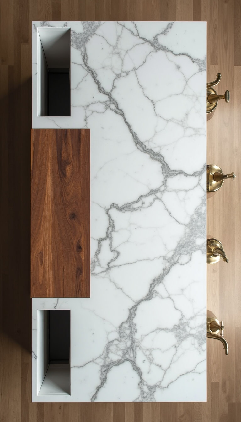 Overhead view of a luxe kitchen island featuring book-matched Calacatta marble, end-grain walnut cutting board, and mixed metal fixtures in polished nickel and antique brass.