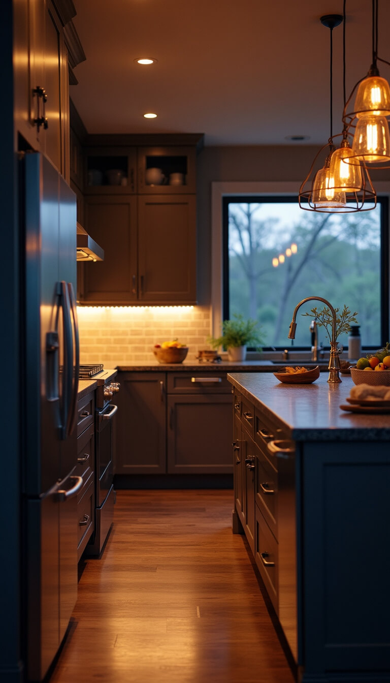 Moody evening kitchen with layered lighting, under-cabinet LEDs, pendant shadows, and reflective metallic and glass accents.