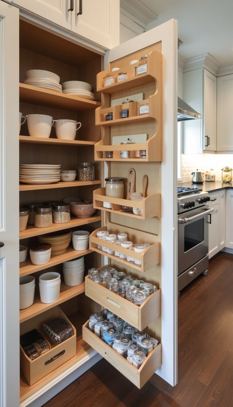 Custom kitchen pantry with pull-out storage, vertical tray dividers, and spice drawer inserts, shown in even lighting for clarity.