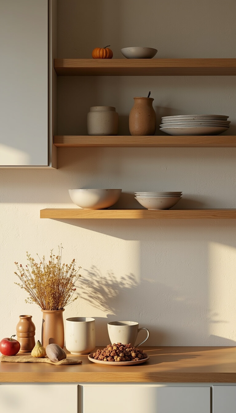 Seasonal kitchen vignette with white oak shelves, artisanal earth-tone ceramics, fresh produce, and dried botanicals in warm golden hour light.