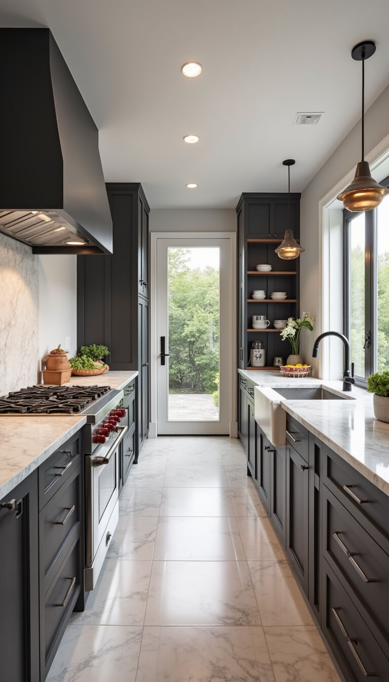 Kitchen workflow zone with 42-inch walkways, pro-style range and pot-filler, adjacent honed granite prep space, shown at standing height with even lighting, styled for active cooking and clean aesthetic.