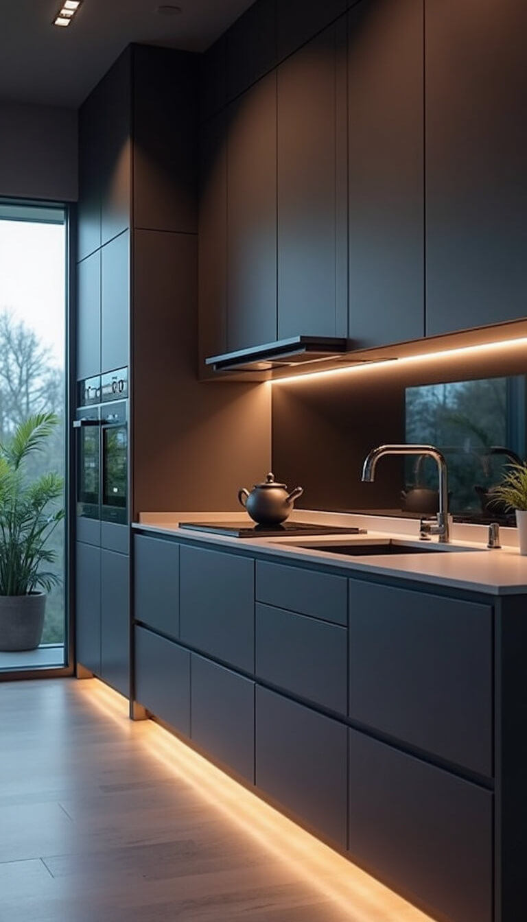Smart kitchen with voice-activated appliances, hidden charging drawer, digital backsplash display, and cool LED lighting at twilight.