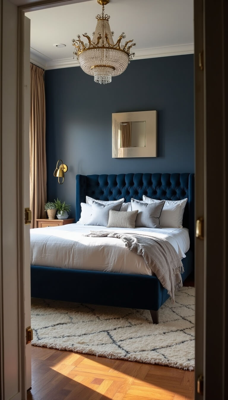 Moody navy bedroom with velvet king bed, crystal chandelier, and golden afternoon light through tall windows.