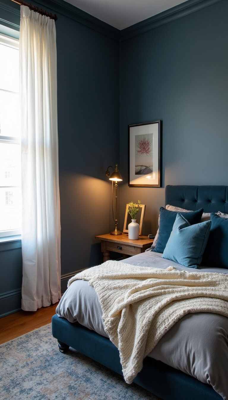 Cozy 12x12ft bedroom at dawn with Hague Blue walls, slate blue upholstered queen bed, textured bedding, antique brass lamp, sheer curtains, and vintage oak side tables.