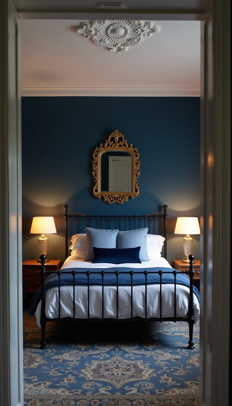 Victorian-style navy bedroom with black iron bed, layered blue and white bedding, antique brass mirror, and vintage Persian rug in twilight lighting.