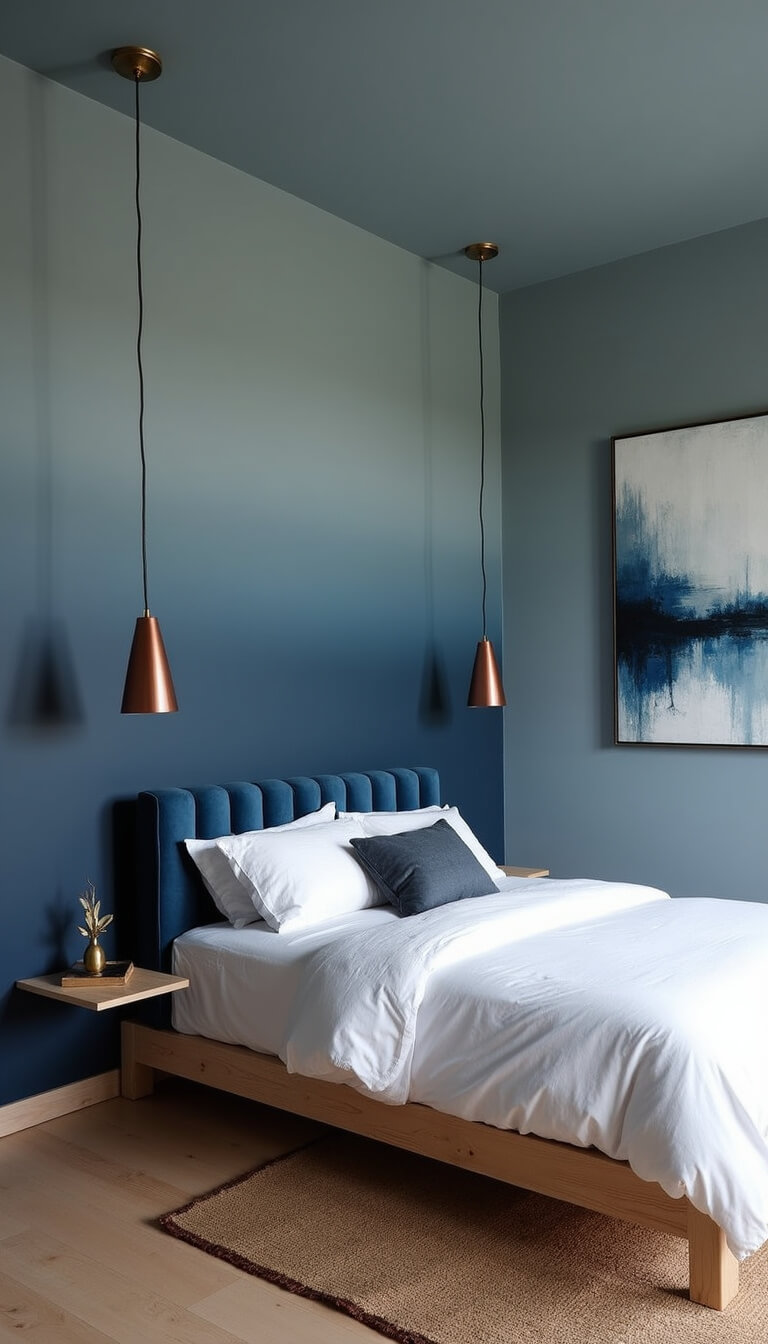 Ombre navy-to-blue bedroom with platform bed, navy velvet headboard, brass pendant lights, abstract art, and natural fiber rug, viewed from elevated corner.