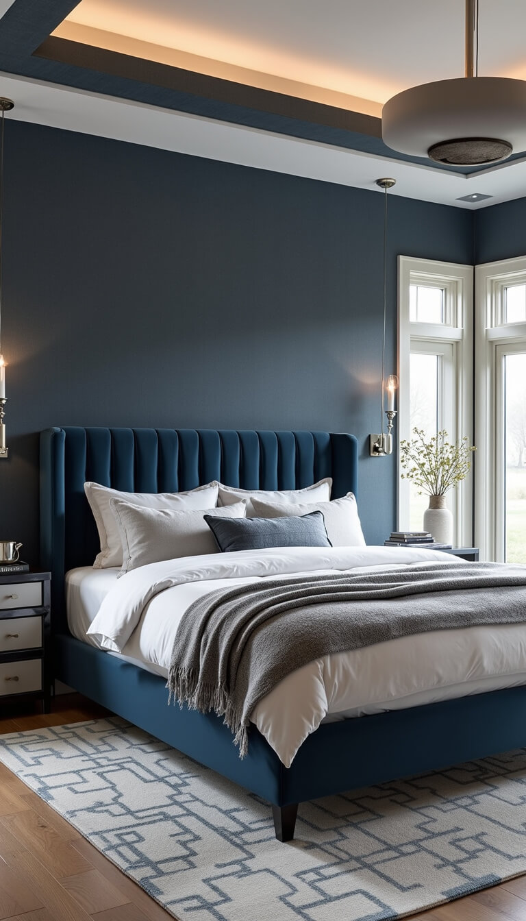 Modern 16x20ft primary bedroom with navy grasscloth wallpaper, tray ceiling, king bed with slate blue velvet headboard, layered bedding, geometric rug, and polished nickel lighting fixtures.