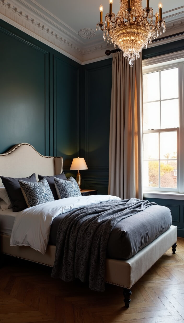 Luxurious 15x17ft bedroom at sunset with dark teal walls, charcoal wing-back bed, crystal chandelier, silk drapes, and herringbone floors in golden hour light.