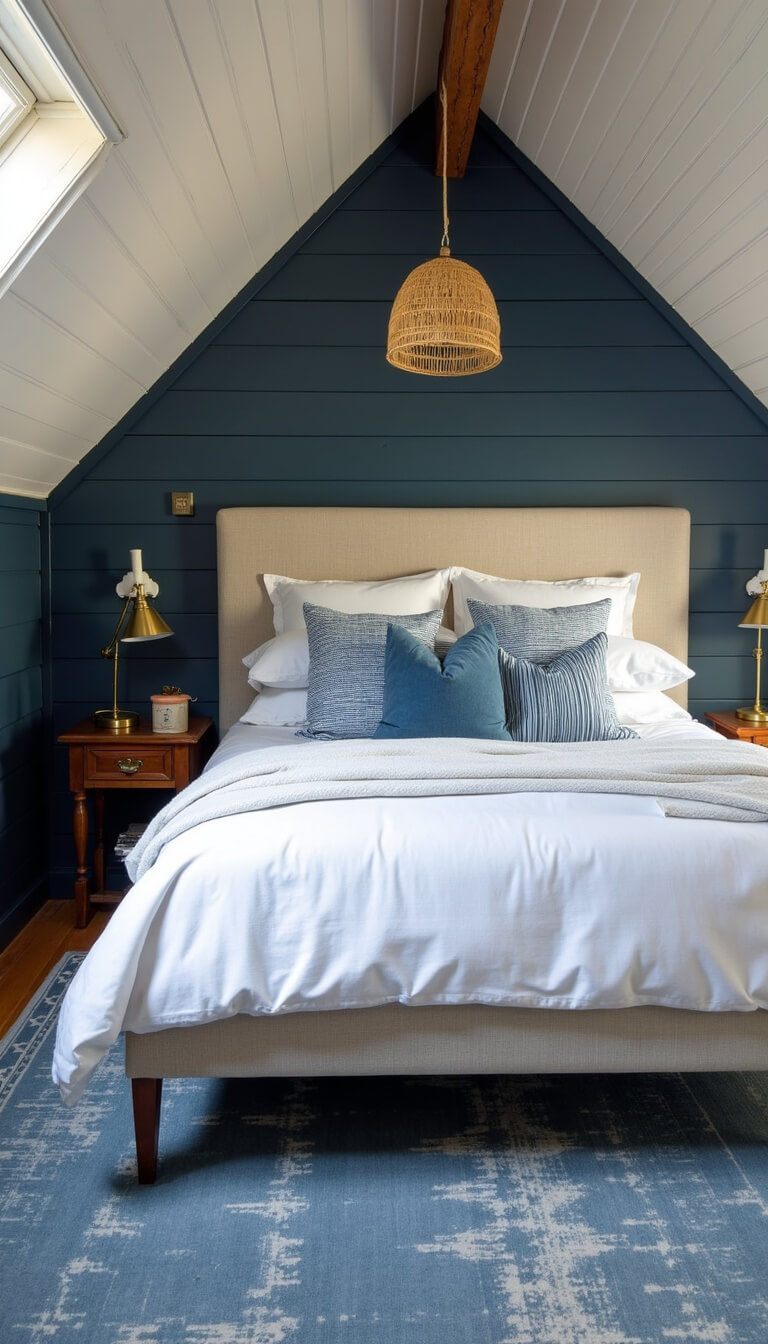 Cozy 13x15ft bedroom with navy shiplap walls, pitched ceiling, queen bed with white bedding and blue pillows, rattan pendant light, brass reading lamps, and vintage overdyed blue rug in soft morning light.