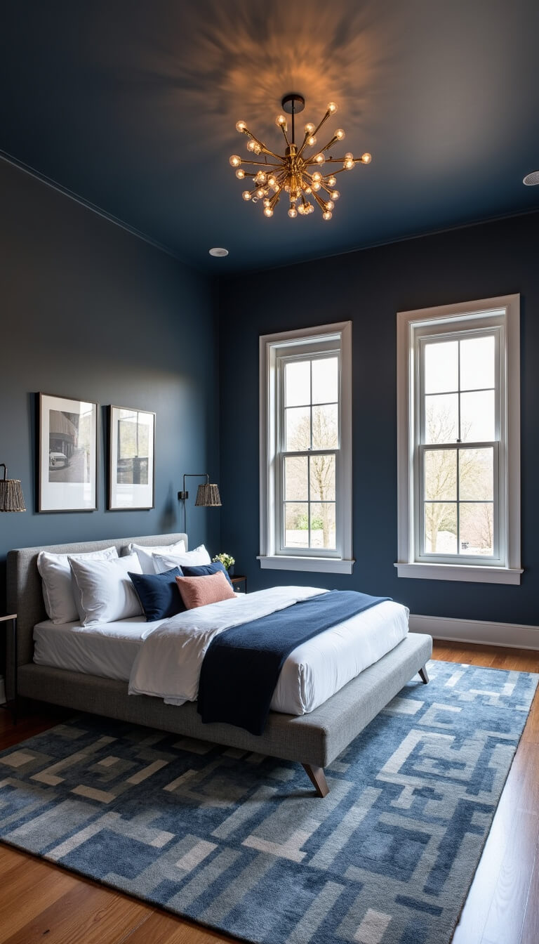 Sophisticated 16x18ft bedroom with slate blue lacquered walls, grey upholstered platform bed, navy and copper accents, brass ceiling light, geometric rug, and large photography art.