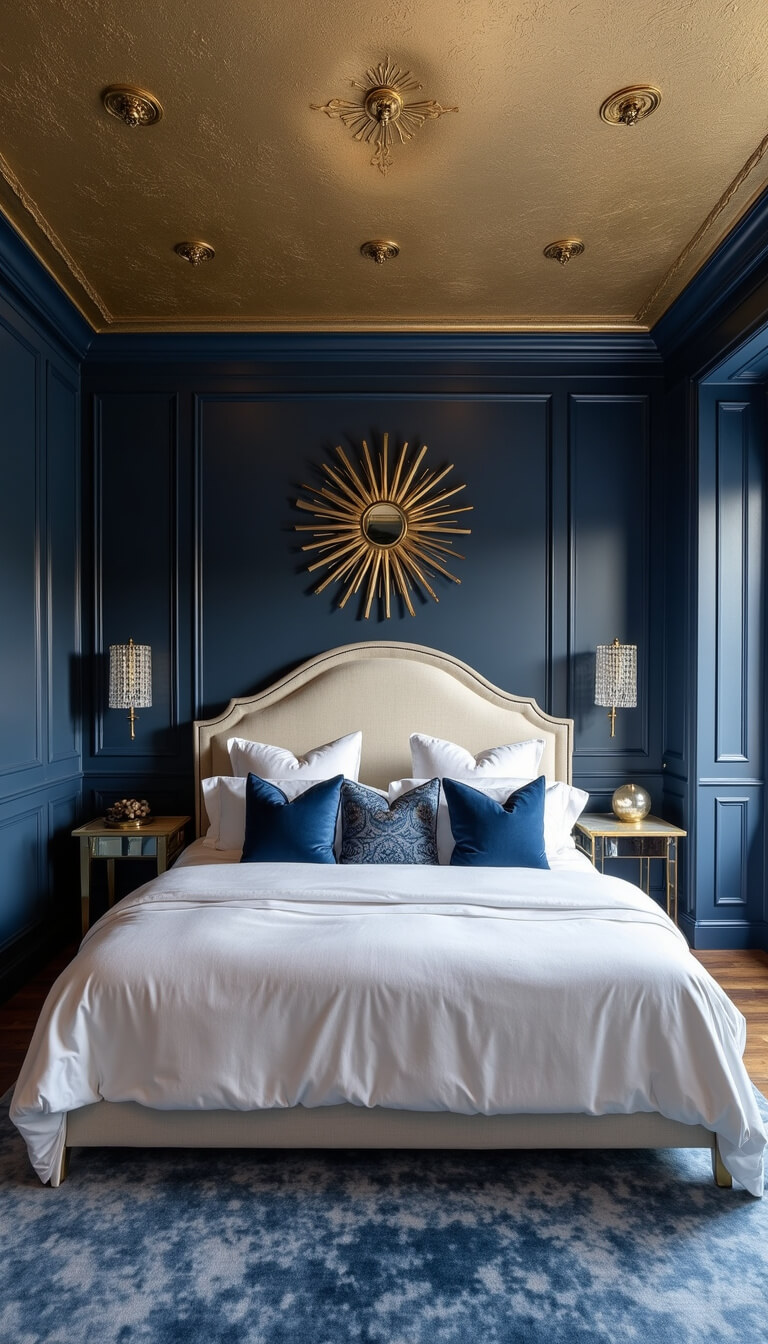 Elegant navy and gold bedroom with traditional cream bed, crystal sconces, sunburst mirror, and abstract blue silk carpet highlighted by artificial lighting.