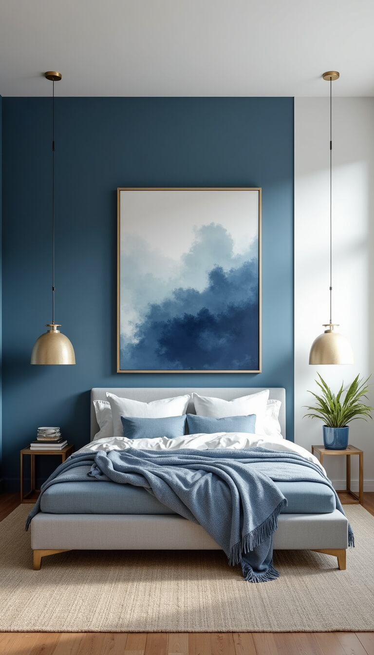Modern serene blue-themed bedroom with color-blocked walls, low-profile grey bed, blue accents, brass pendant lights, abstract artwork, and natural fiber rug.
