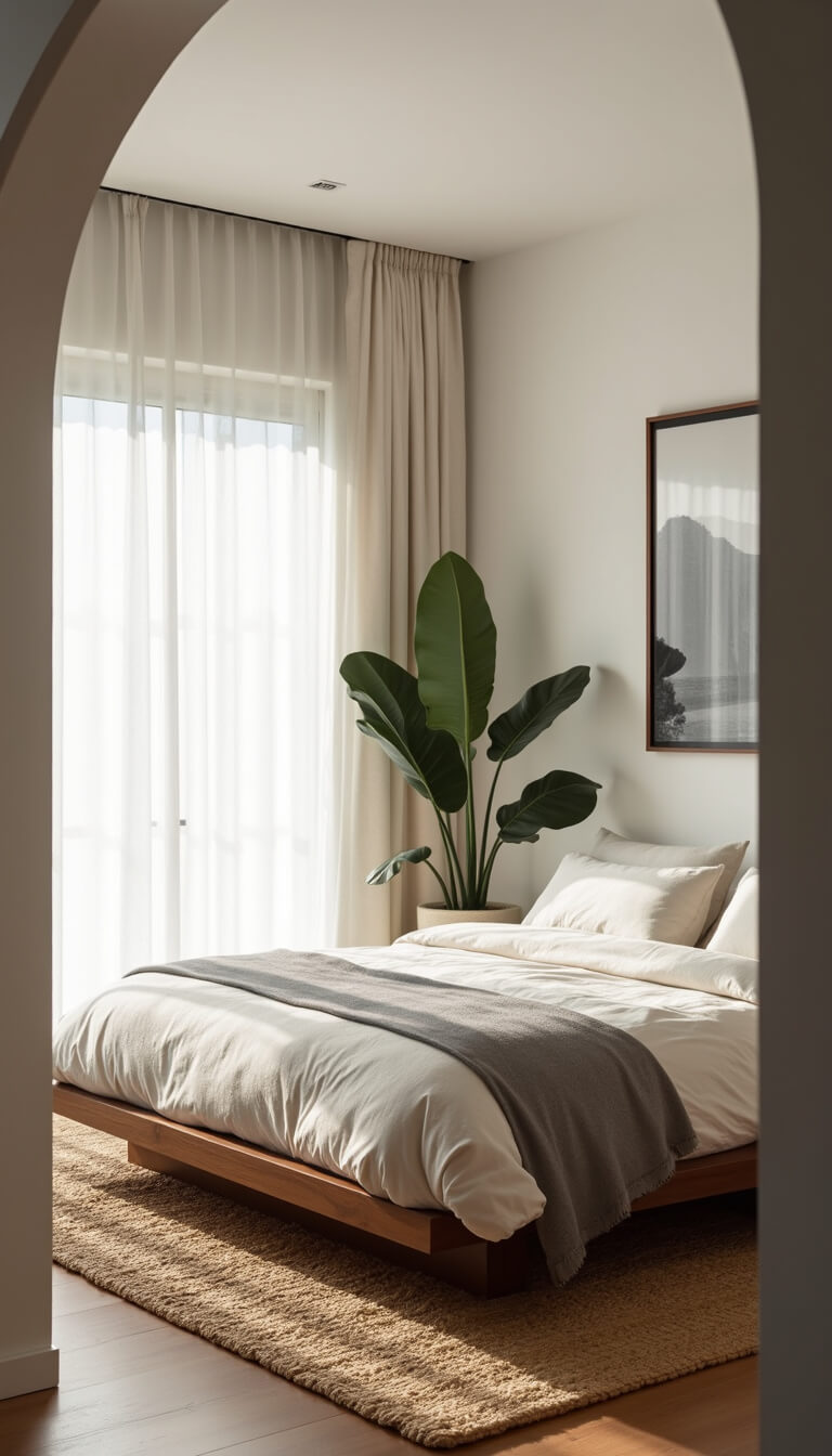 Zen bedroom with low walnut bed, cream and gray bedding, jute rug, monstera plant, and morning light through sheer curtains.