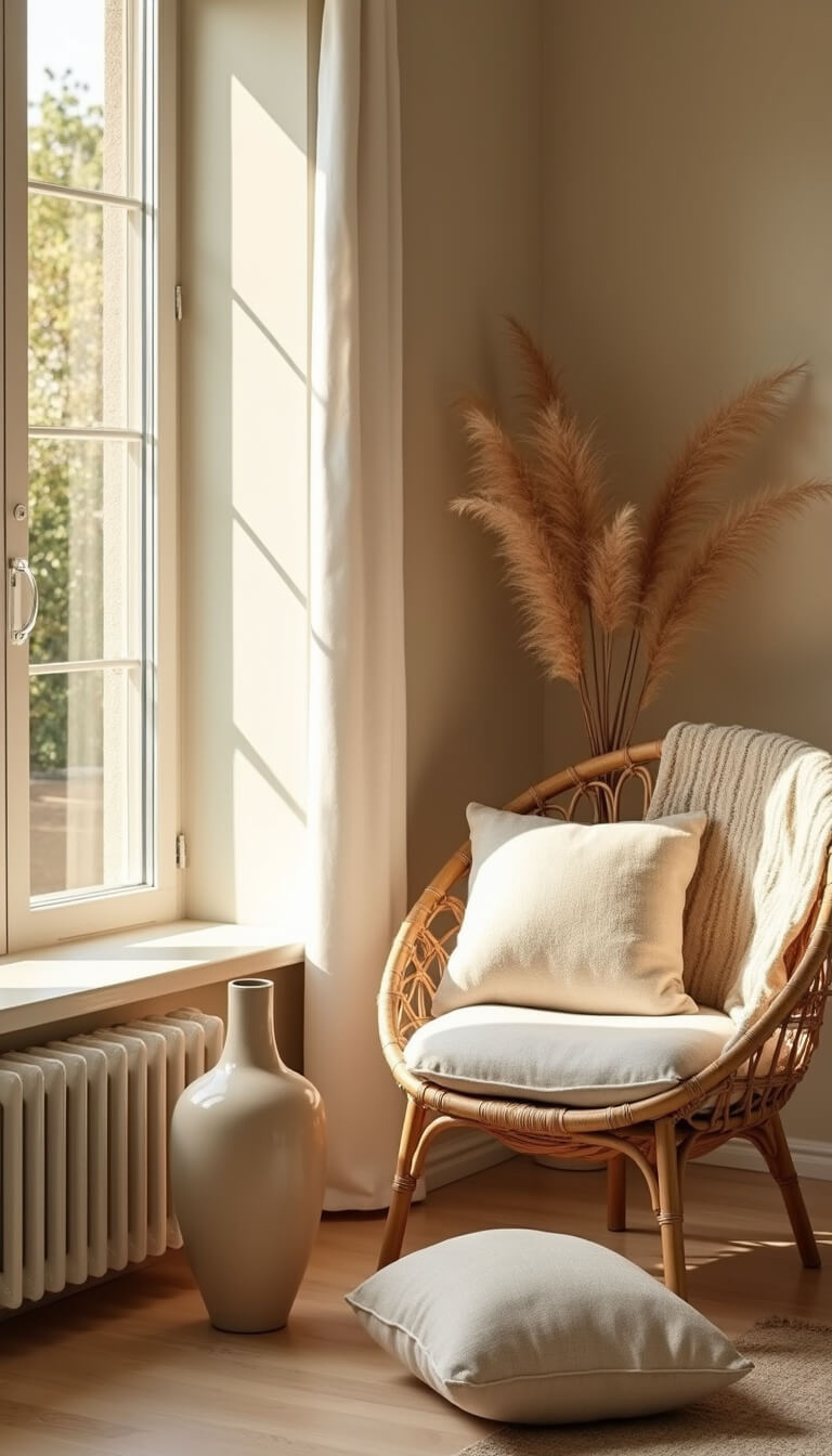 Minimalist bedroom corner at golden hour with warm light on oak floors, rattan chair with ivory cushion, wool throw, and ceramic vase of dried pampas grass.