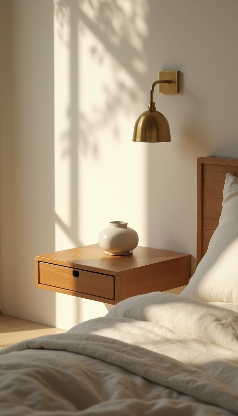 Minimalist bedside scene with floating wooden nightstand, ceramic vessel, meditation bell, brass wall sconce, and layered natural fabrics in cream and sand tones.