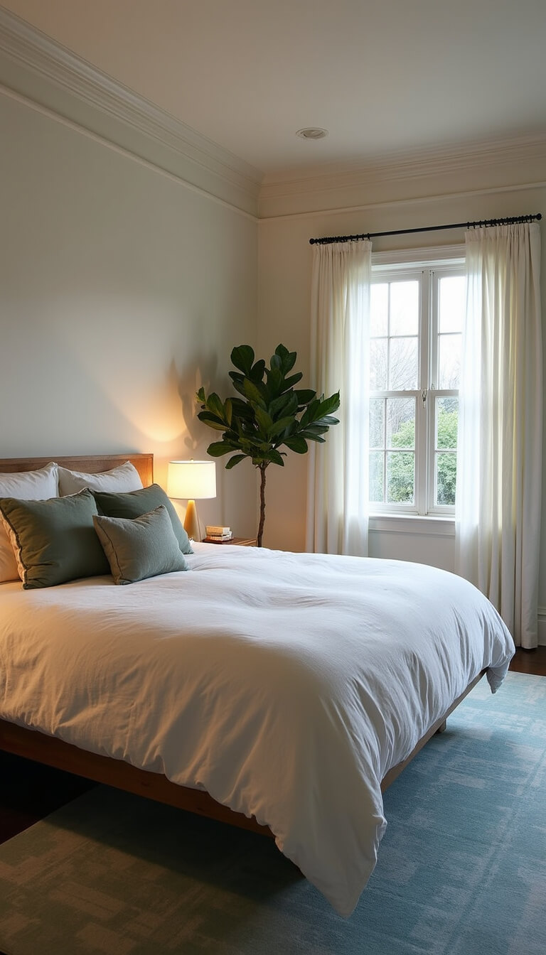 Serene master bedroom at dusk with high ceilings, platform bed in white bedding, vintage blue rug, and fiddle leaf fig in warm lighting.