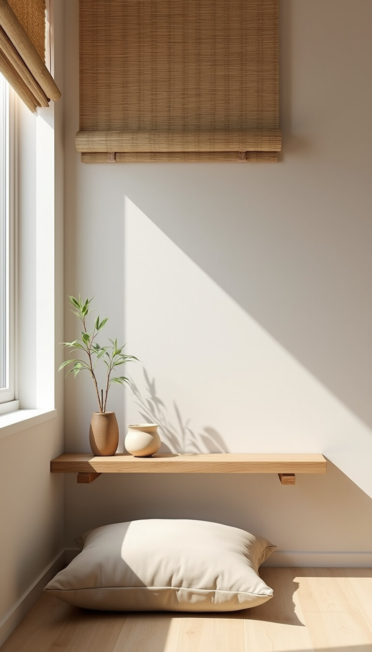 Zen-inspired morning meditation corner with raw silk floor cushion, floating wooden shelf displaying minimal ceramics and air plant, bamboo roman shade, and textured natural fiber wallcovering.