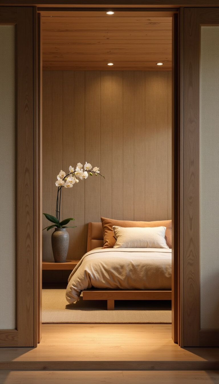 Serene ensuite with 8ft sliding shoji screens, linen daybed, grasscloth wall, orchid in stone vessel, and warm uplighting.