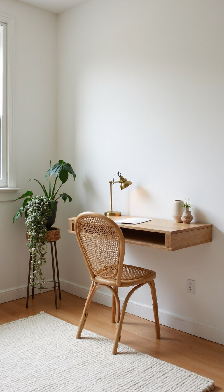 Minimalist bedroom workspace with floating bleached oak desk, rattan chair, brass task lamp, ceramic vessels, bone white wool rug, and cascading string of pearls plant in morning light.