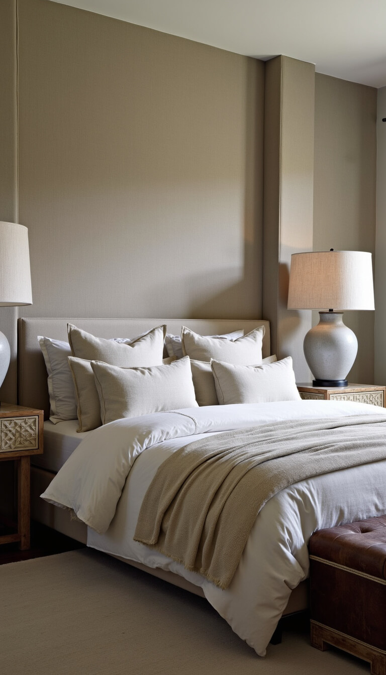 Evening bedroom with wall-to-wall natural linen headboard, layered neutral bedding, oversized ceramic lamps, vintage leather bench, and moody lighting.