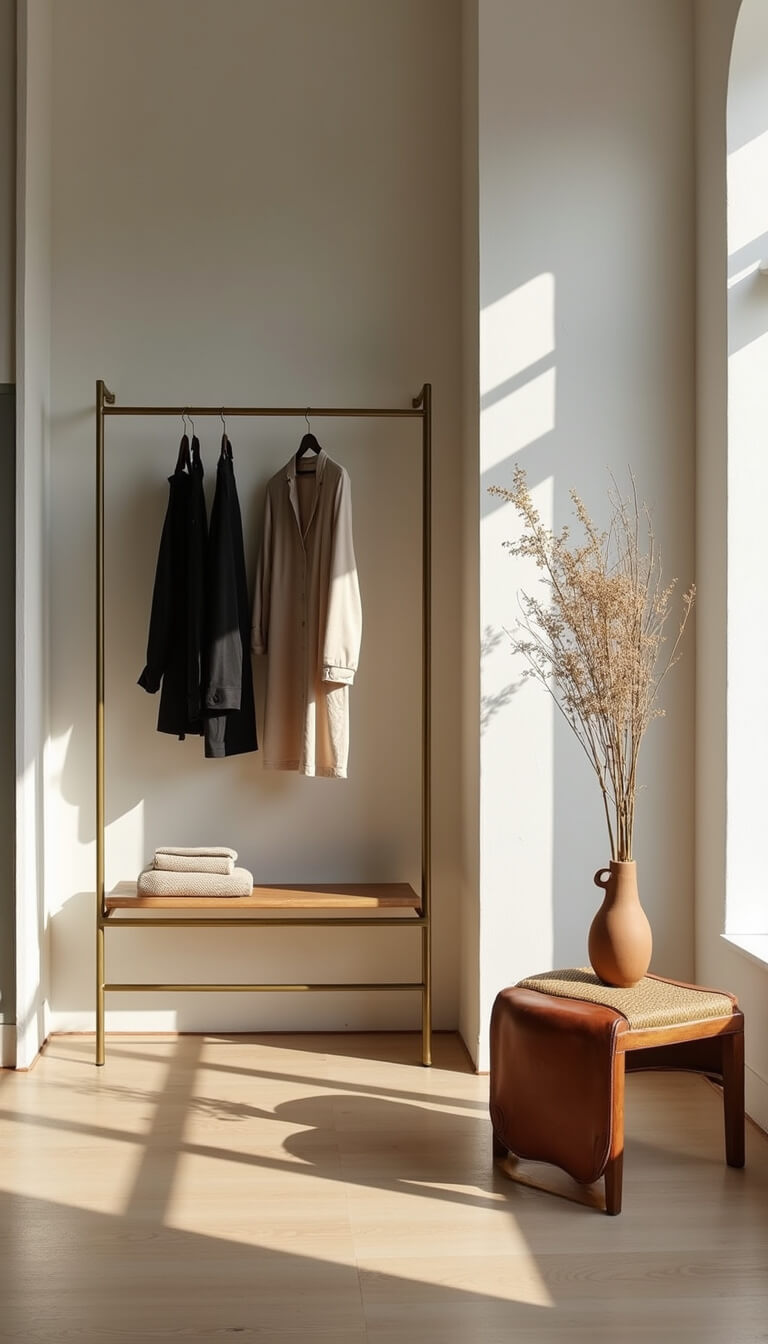 Zen dressing area with full-height mirrors, brass clothing rail, capsule wardrobe, wooden bench with woven leather seat, and ceramic vessels with dried botanicals.