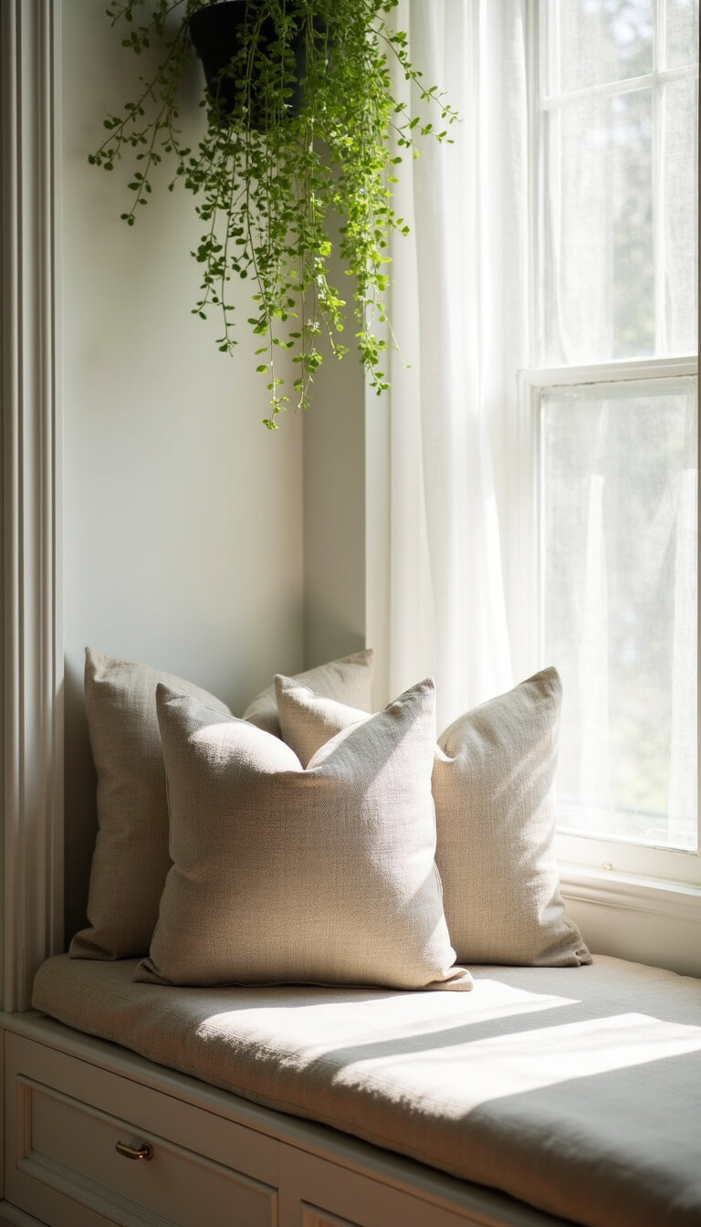 Cozy window seat with built-in storage, linen cushions, neutral throw pillows, hanging plant, and sheer curtains filtering morning light.