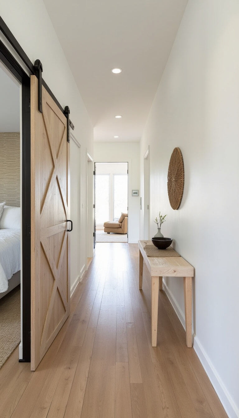 Entry to master bedroom with sliding weathered oak barn door, minimal console table decor, and wall-mounted woven art.