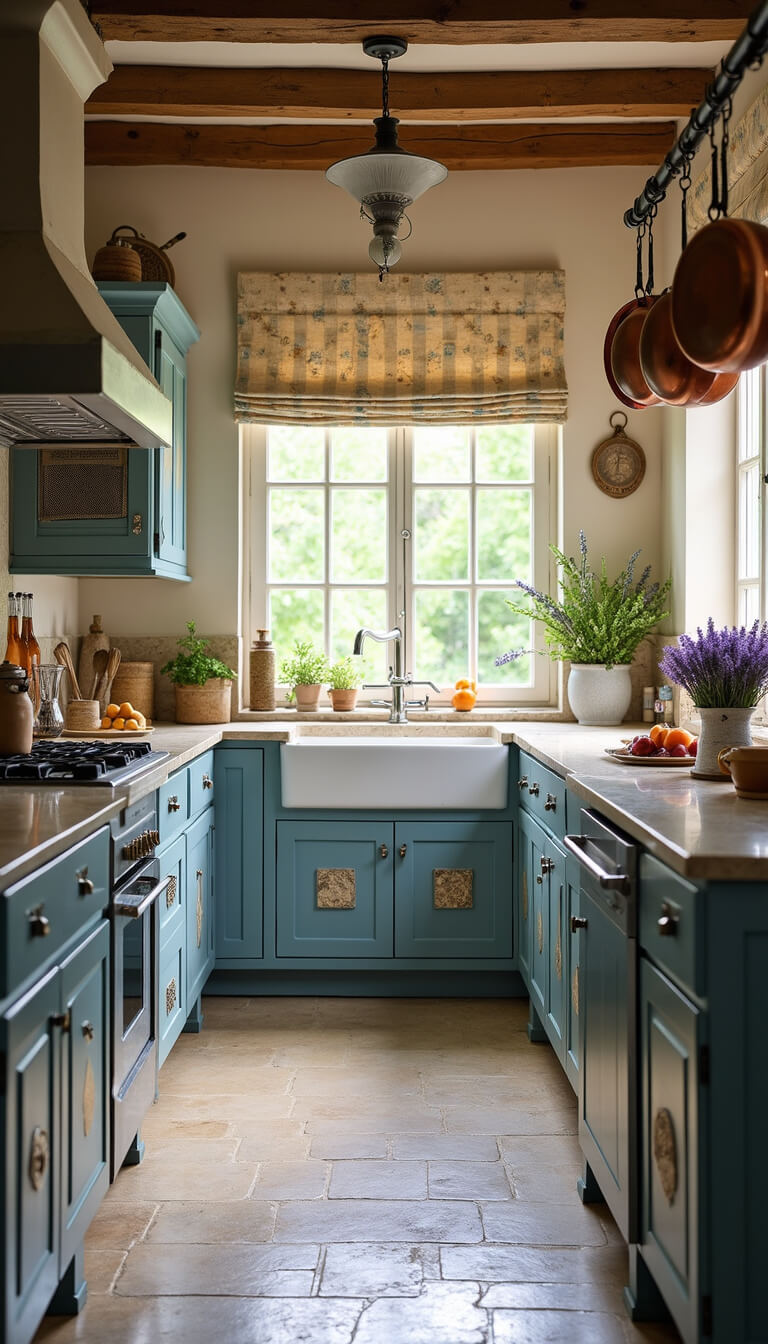 French country kitchen with blue distressed cabinets, copper pots, limestone countertops, Provençal roman shades, and lavender bundles in warm afternoon light.