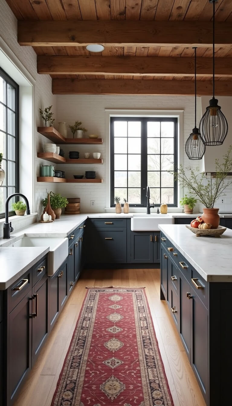 Modern farmhouse kitchen at dawn with reclaimed beam ceiling, white brick walls, black steel windows, soapstone counters, farmhouse sink, industrial pendant lights, and vintage red rug runner.