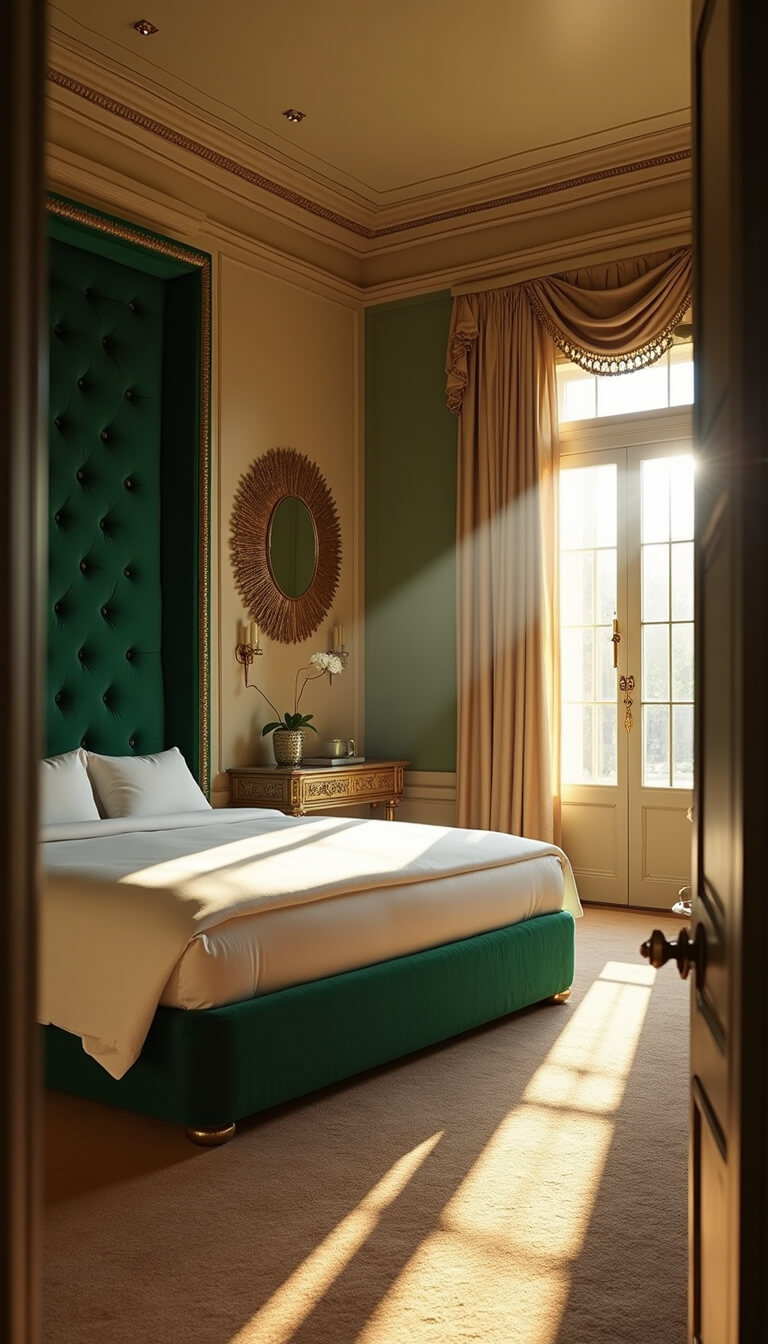 Luxurious Art Deco bedroom with emerald velvet headboard, ivory silk bedding, brass sconces, and sunburst mirror, bathed in golden hour light.