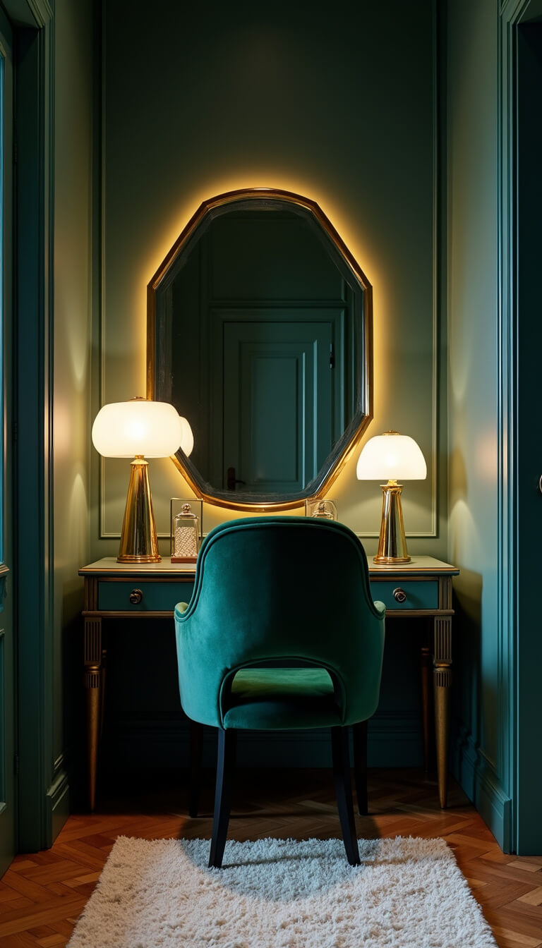 Luxurious 1920s-style dressing area at blue hour with emerald velvet vanity chair, brass-framed mirror, crystal perfume bottles, milk glass pendant lamps, herringbone floors, and cream Moroccan rug.