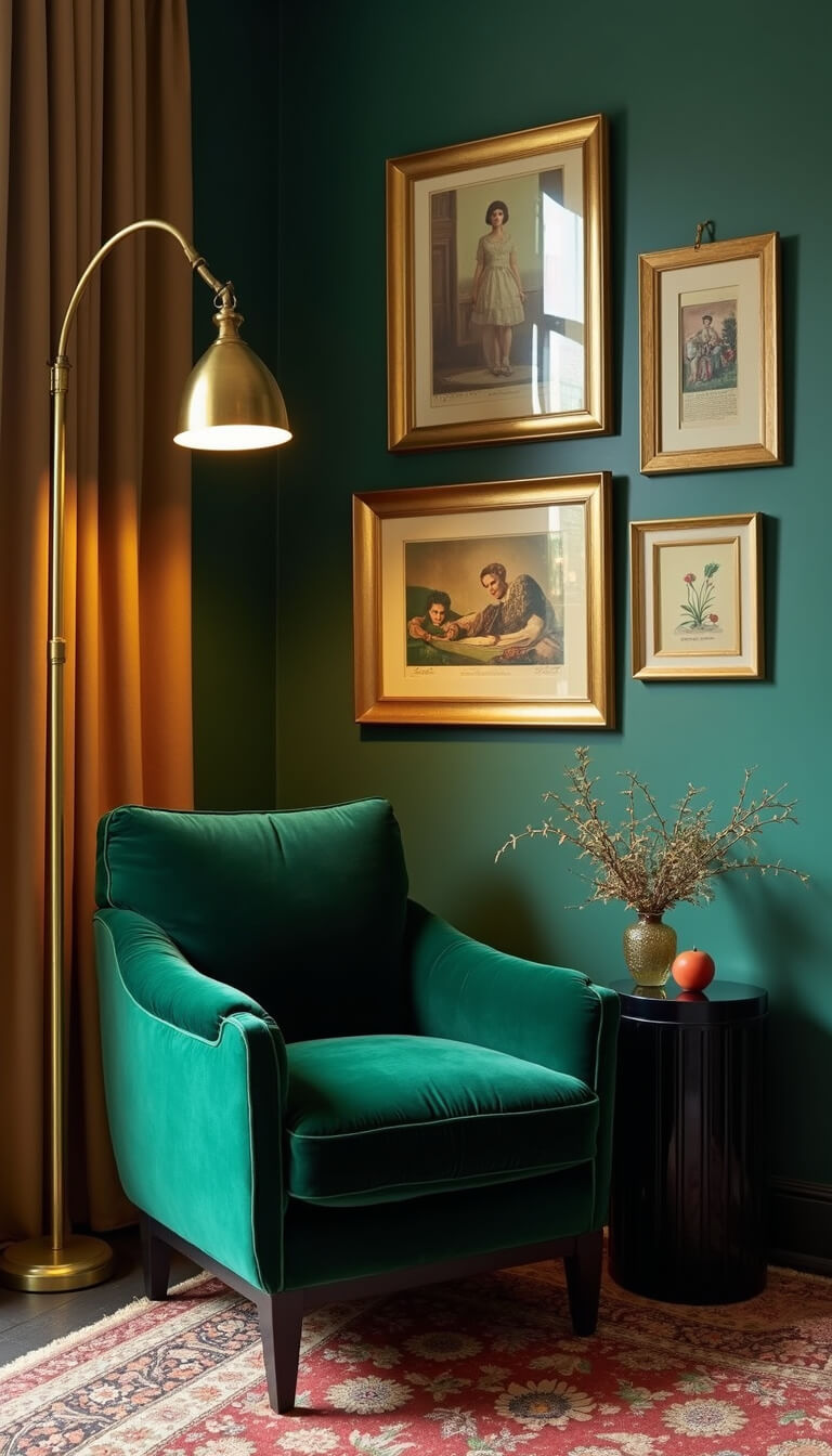 Art Deco reading nook with emerald velvet armchair, brass floor lamp, black lacquered side table, and gold-framed prints, lit by midday natural light.