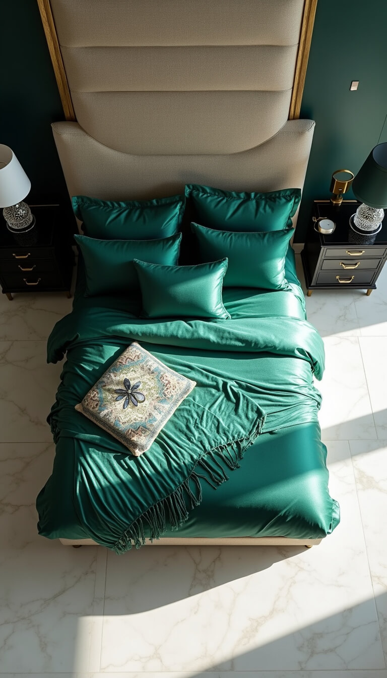 Bird's eye view of a king-sized bed with emerald green silk bedding, geometric throws, black lacquer nightstands with brass hardware, and crystal lamps on white marble floors lit by morning light.
