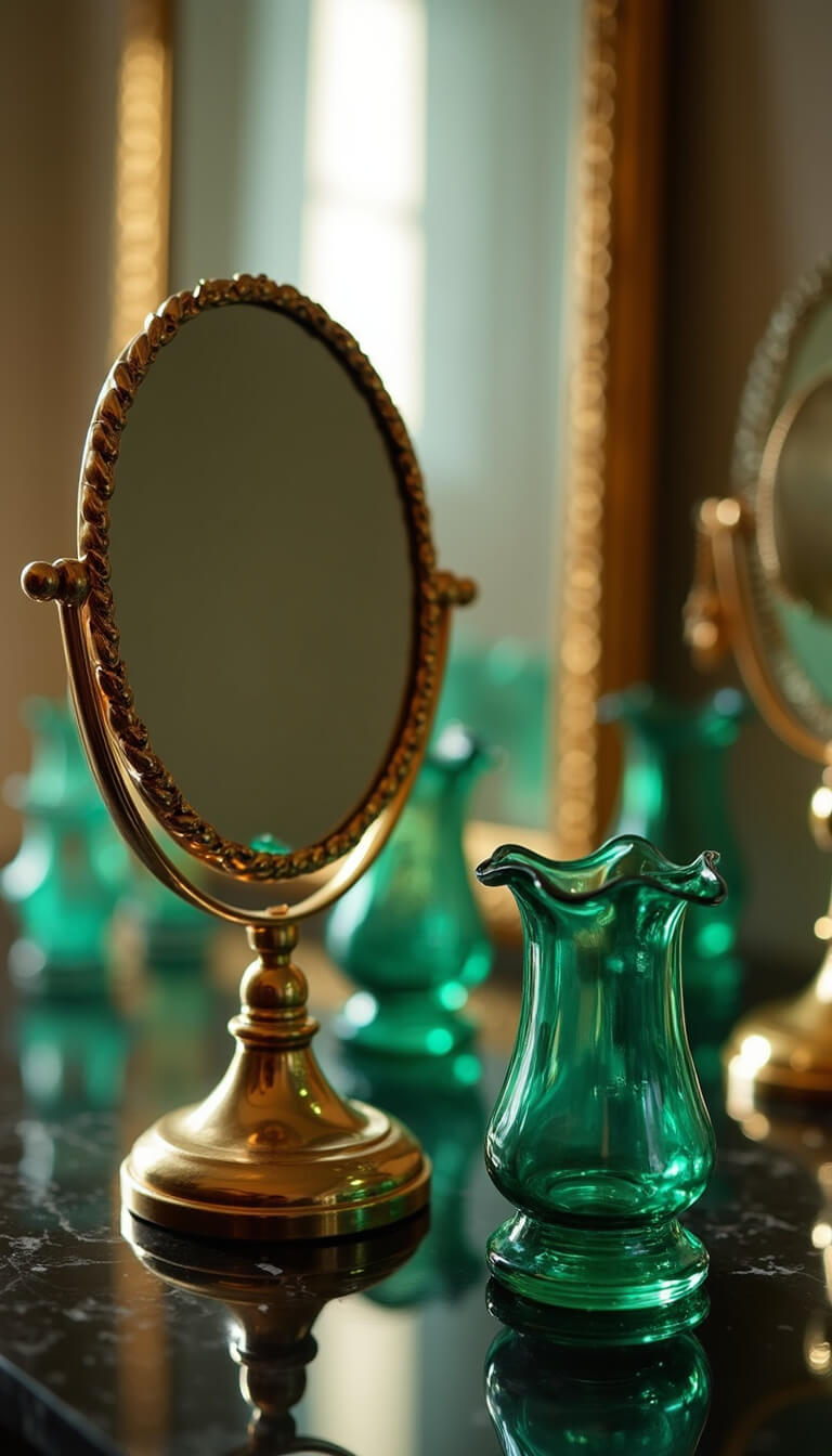 Close-up of vintage brass mirrors, emerald glass vessels, and art deco jewelry stands on black marble with dramatic afternoon reflections.