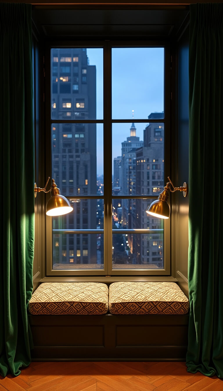 Twilight window nook with emerald velvet curtains, brass reading lamps, and built-in seats with geometric cushions, city skyline visible in background.
