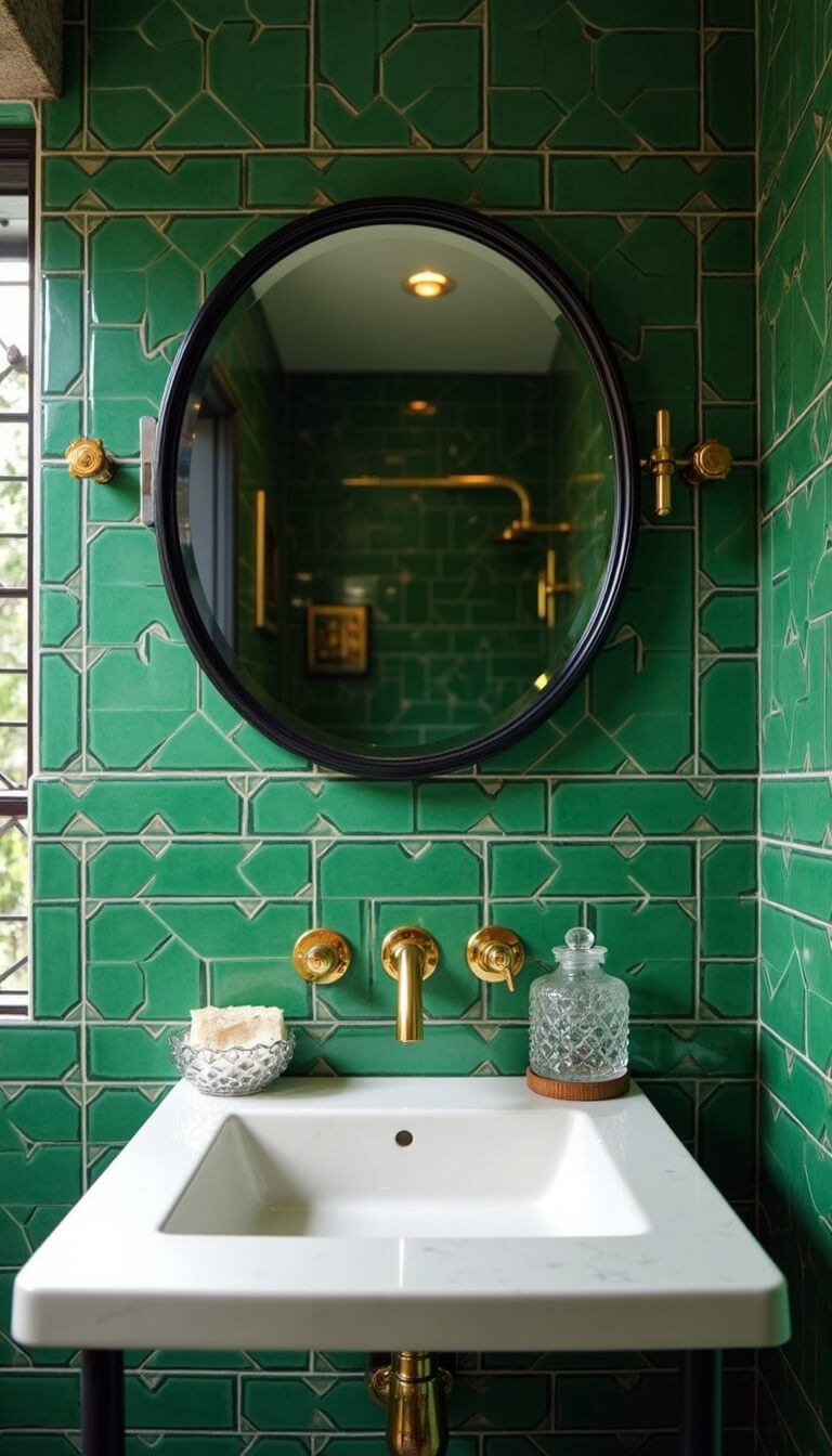 Bathroom with emerald green geometric tiles, brass fixtures, black-framed mirror, and crystal vessels lit by morning light.