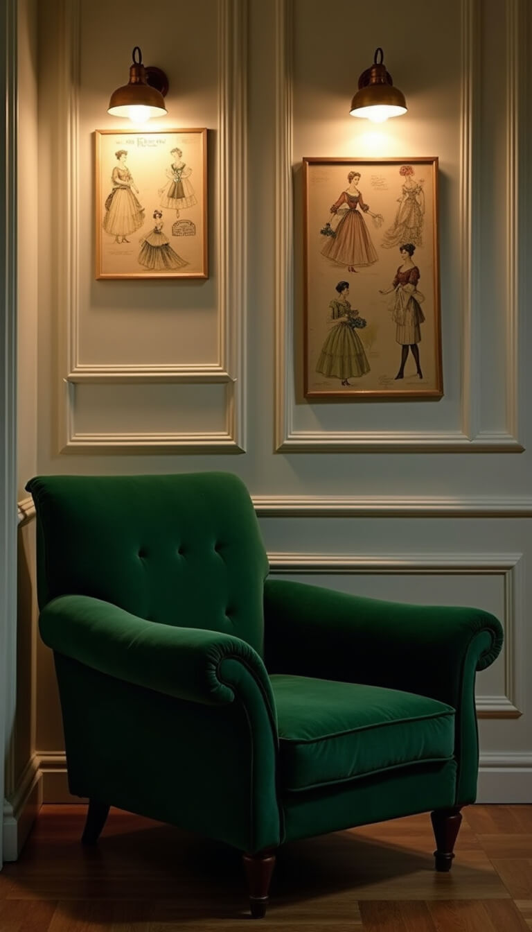 Emerald green chaise lounge in moody evening light against white paneled walls, brass picture lights illuminating vintage fashion prints above.