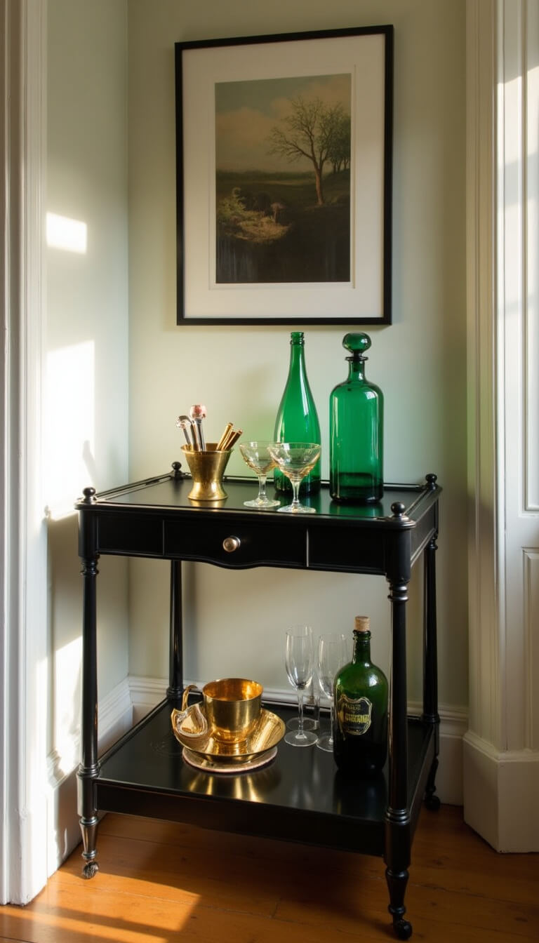 Black lacquered bar cart with emerald glass decanters, brass cocktail tools, and vintage champagne coupes in golden late afternoon light.