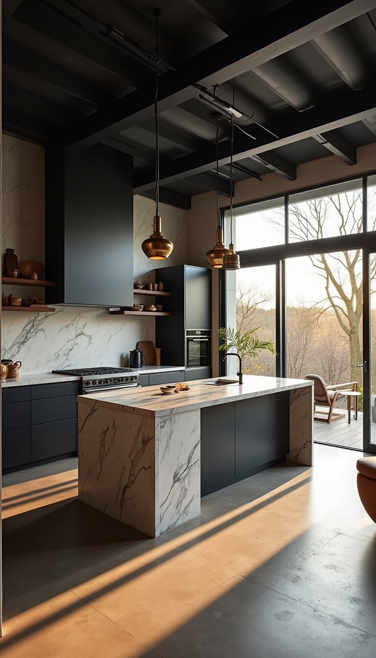 Modern black kitchen with marble island, brass pendant lights, and walnut shelves, lit by golden hour sunlight through floor-to-ceiling windows.