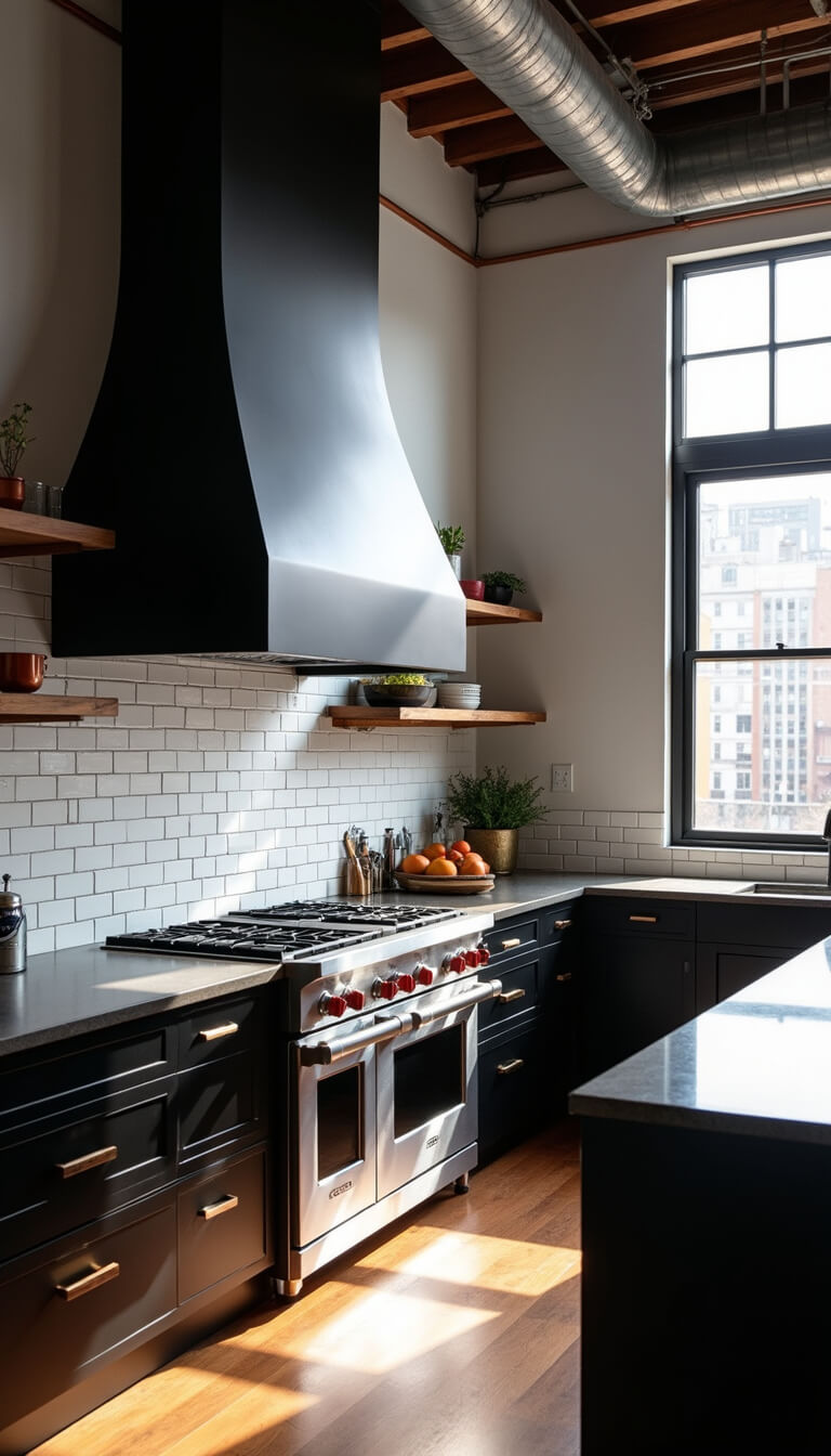 Moody urban loft kitchen with tall industrial windows, glossy black cabinets, black range hood, white subway tile backsplash with dark grout, and copper-brass accents.