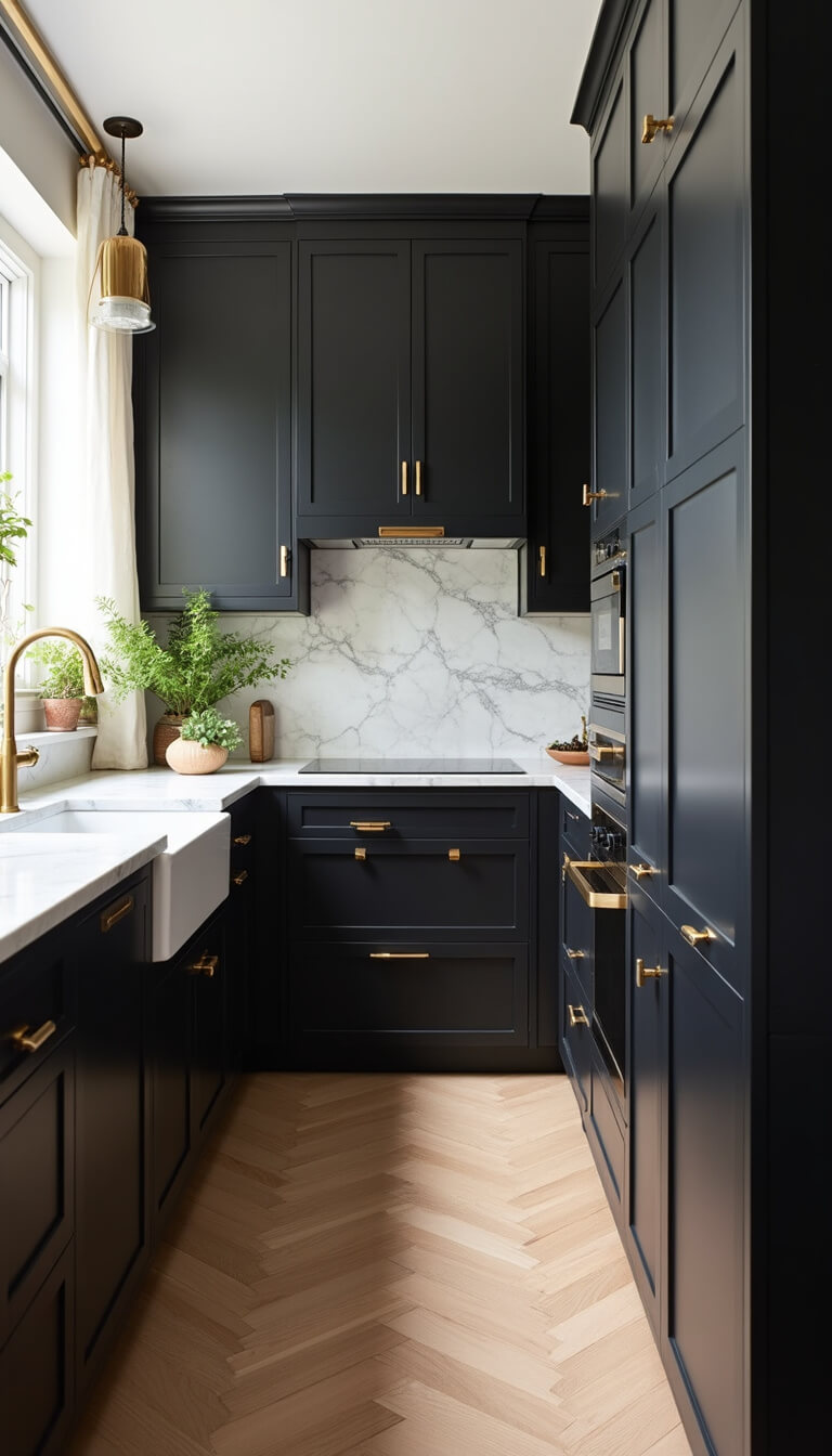 Intimate black kitchen with herringbone white oak floors, matte and glossy cabinets, champagne bronze hardware, and dramatic white quartzite counters in soft morning light.