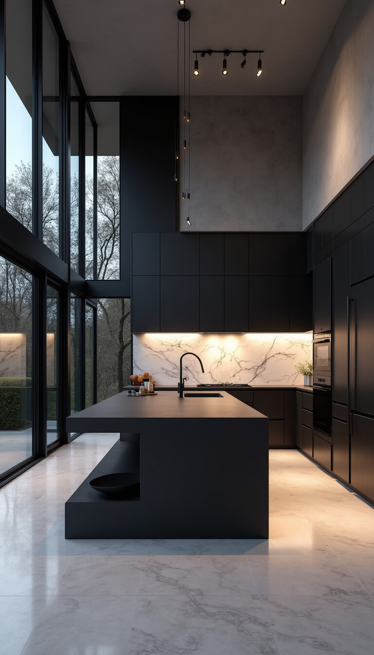 Double-height modern kitchen with black-framed windows, textured black cabinets, white marble backsplash, matte black waterfall island, and minimalist lighting at dusk.
