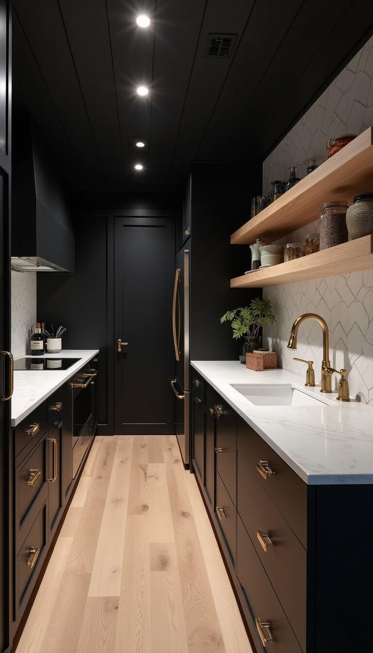 Modern galley kitchen with black shiplap ceiling, handleless black cabinets, brushed gold fixtures, white oak open shelves, and dramatic side lighting.