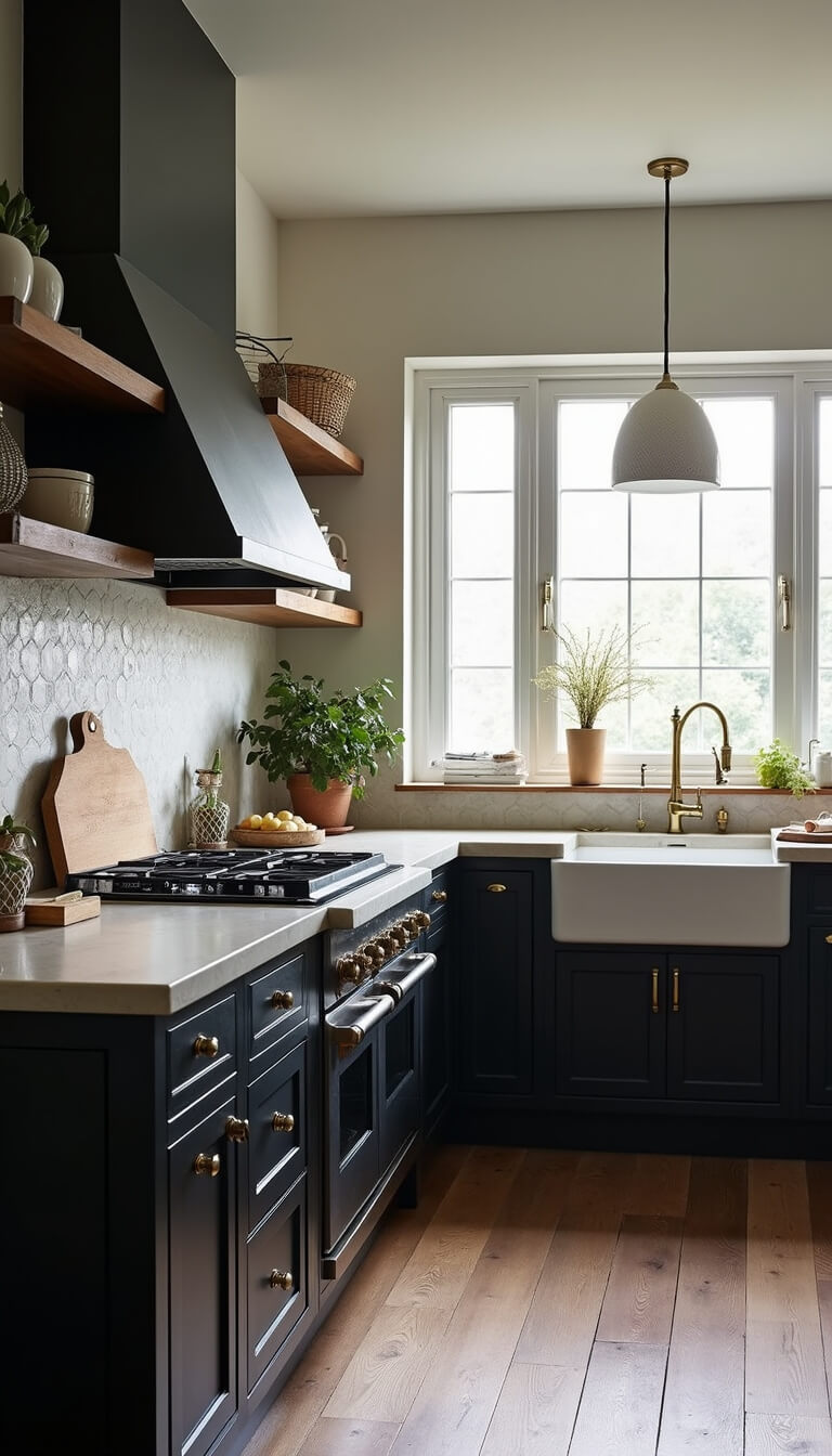 Black modern farmhouse kitchen with beadboard island, soapstone counters, vintage brass fixtures, white ceramic pendant lights, and morning light through mullioned windows.