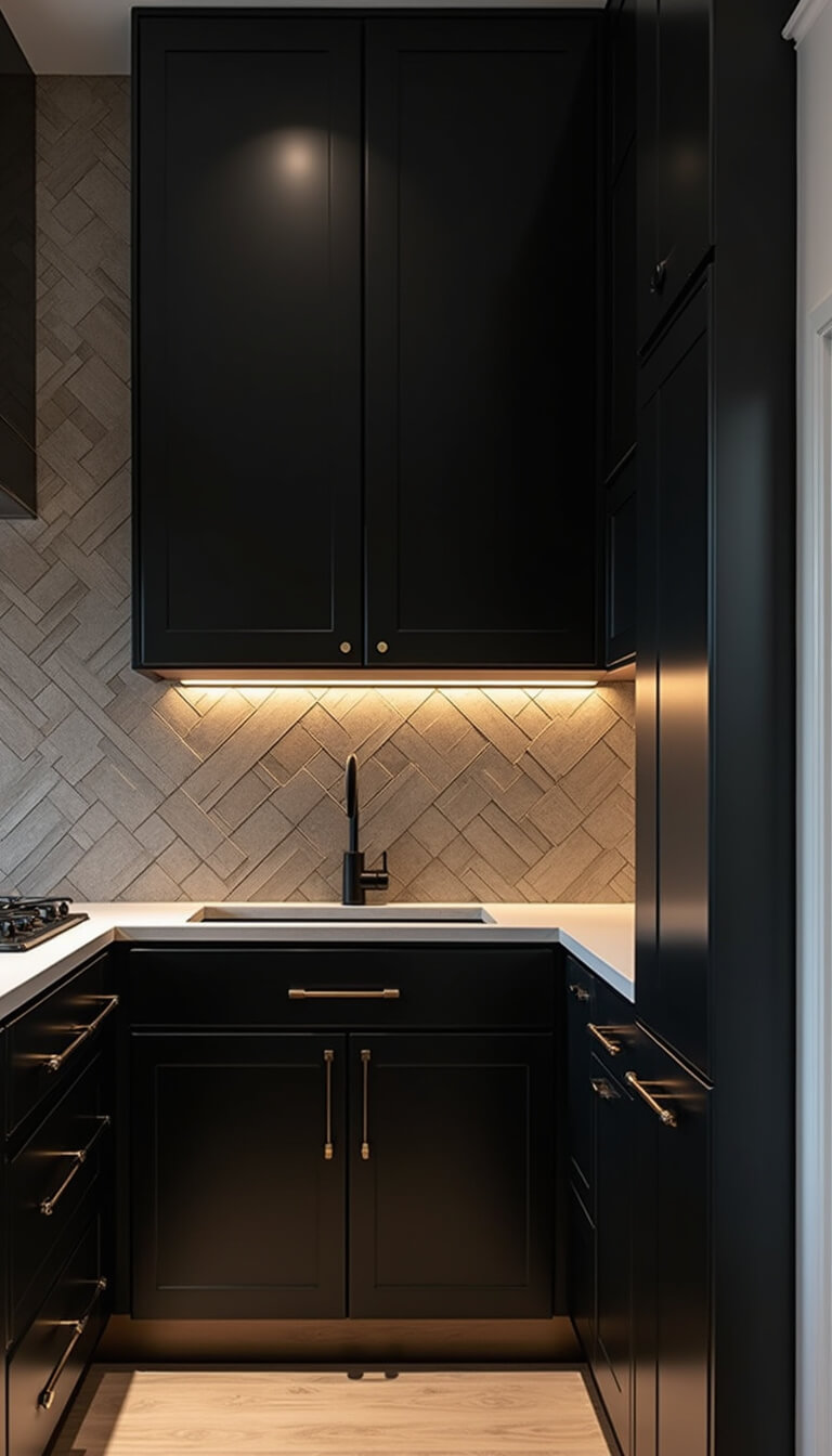 Compact black kitchen with glossy cabinets, diamond-textured backsplash, brass fixtures, and under-cabinet lighting, viewed from above for space planning.